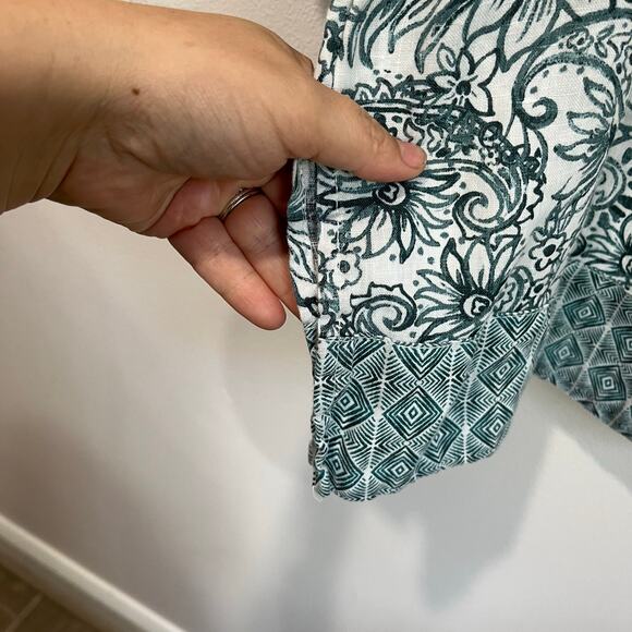 Sigrid Olsen Linen Blouse Size L Teal White Floral Boho Resort Vacation Chic - Picture 6 of 7
